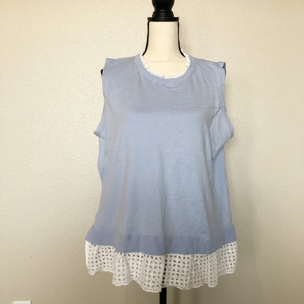 LOFT Top Womens XL Light Blue Cotton Knit Sleeveless Eyelet Lace Trim Sweater